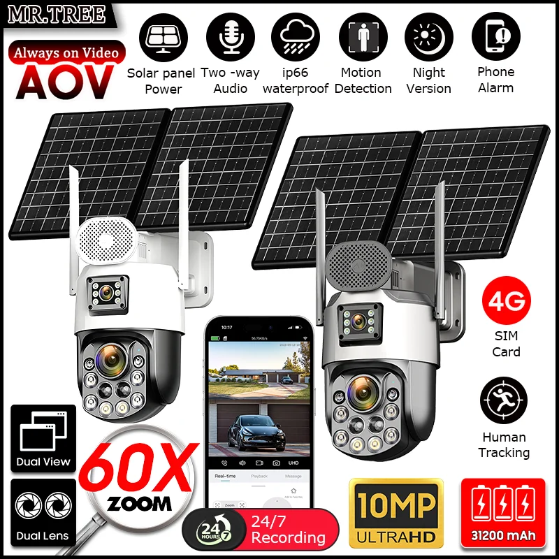 4K Солнечные уличные камеры видеонаблюдения с 4G SIM, 2 объективами, 60-кратным оптическим зумом, автослежением, записью 24/7, PTZ, IP-камера для домашнего видеонаблюдения
4K Солнечные уличные камеры видеонаблюдения с 4G SIM, 2 объективами, 60-кратным оптическим зумом, автослежением, записью 24/7, PTZ, IP-камера для домашнего видеонаблюдения