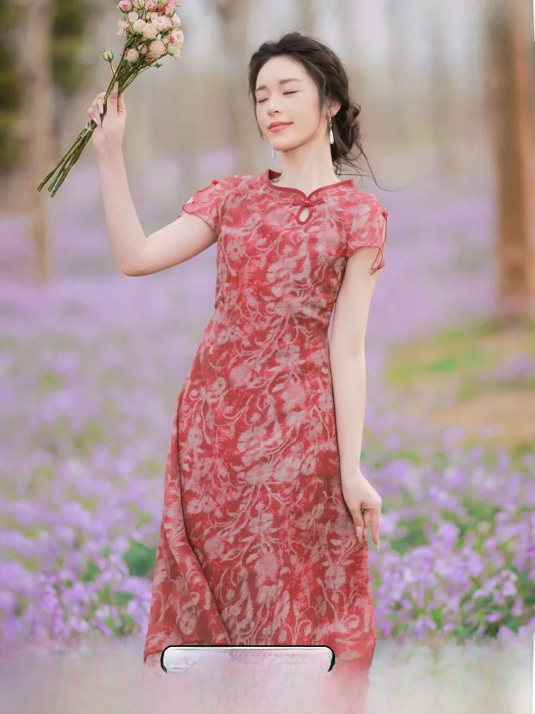 Reduced Waistline Dress Retro Style round Collar Short Sleeve Midi Skirt Floral Pattern Chinese Style Women's Clothing
Reduced Waistline Dress Retro Style round Collar Short Sleeve Midi Skirt Floral Pattern Chinese Style Women's Clothing