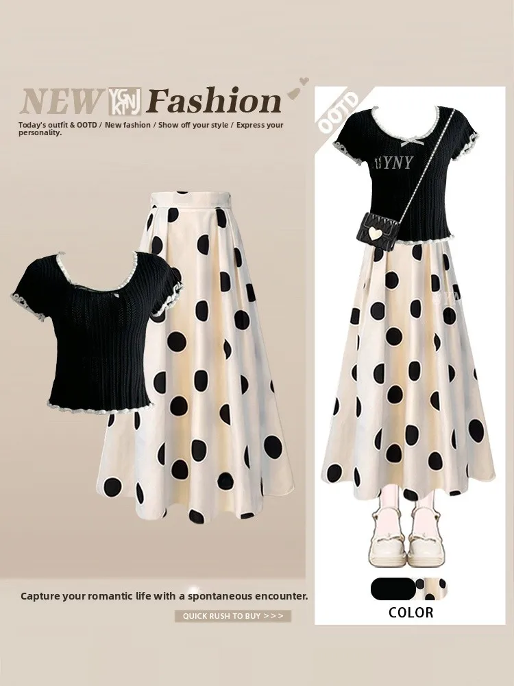 2025 New Fashion Black Top with Polka Dot Half Skirt Two Piece Women Design Slimming Short Sleeve Waist Cinched Summer Outfit
2025 New Fashion Black Top with Polka Dot Half Skirt Two Piece Women Design Slimming Short Sleeve Waist Cinched Summer Outfit