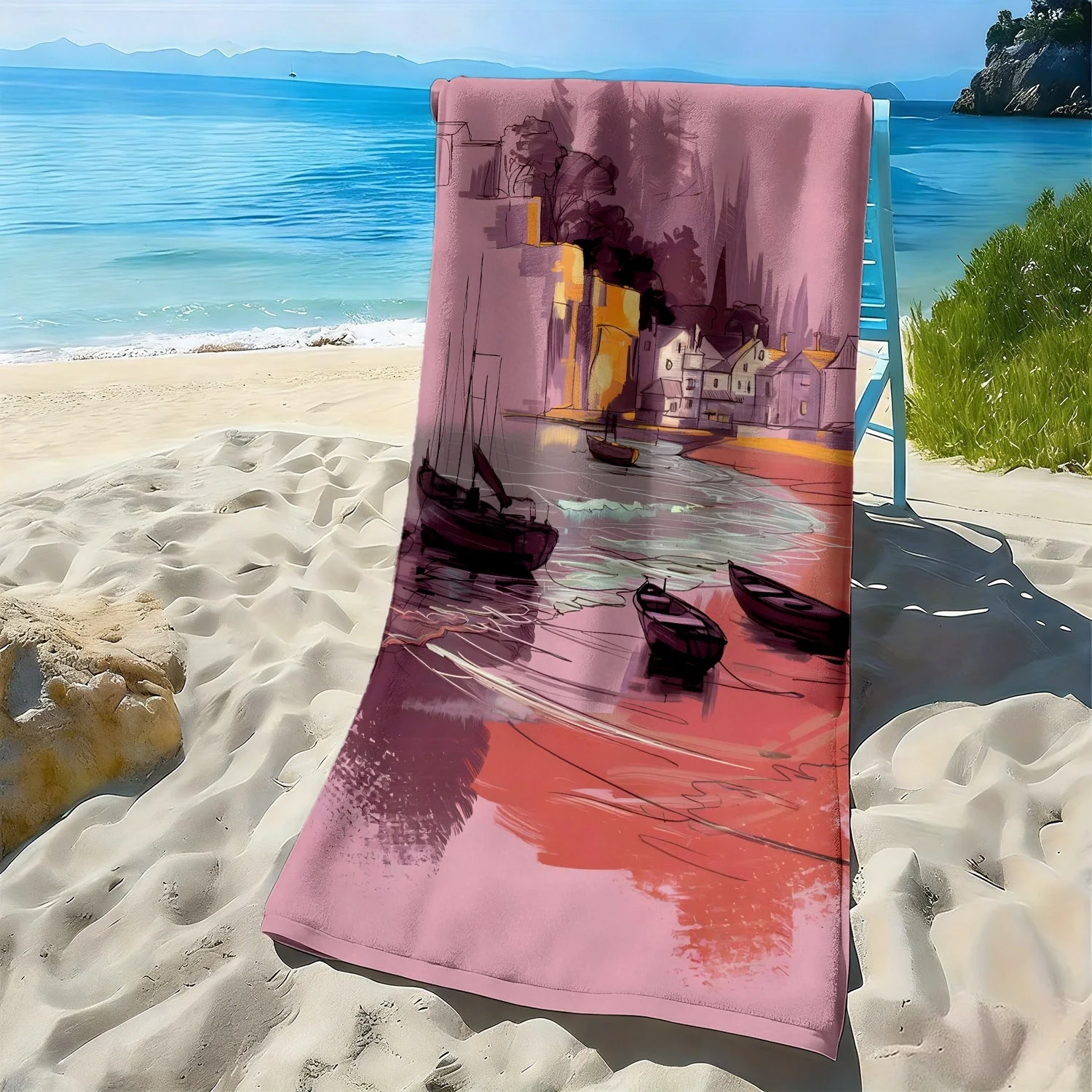 Retro seaside town pattern polyester microfiber beach towel is highly absorbent, suitable for swimming and beach outings
Retro seaside town pattern polyester microfiber beach towel is highly absorbent, suitable for swimming and beach outings