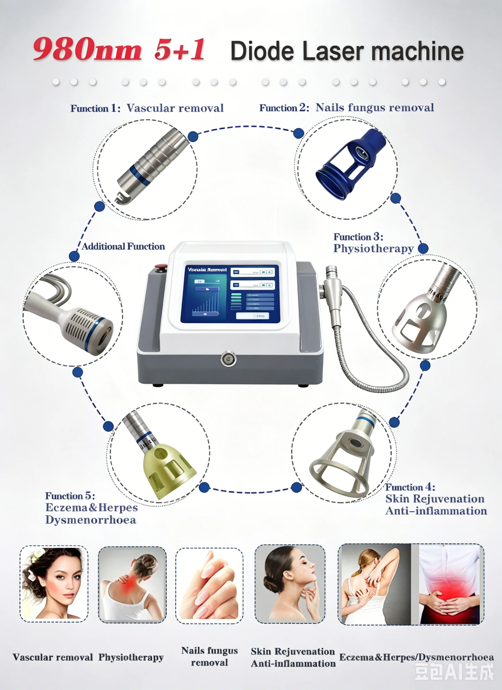 Newest 6 in 1 980nm Diode Laser Vascular Spider Veins Physiotherapy Nail Fungus Removal 980nm Laser Spider Vien Removal Machine
Newest 6 in 1 980nm Diode Laser Vascular Spider Veins Physiotherapy Nail Fungus Removal 980nm Laser Spider Vien Removal Machine