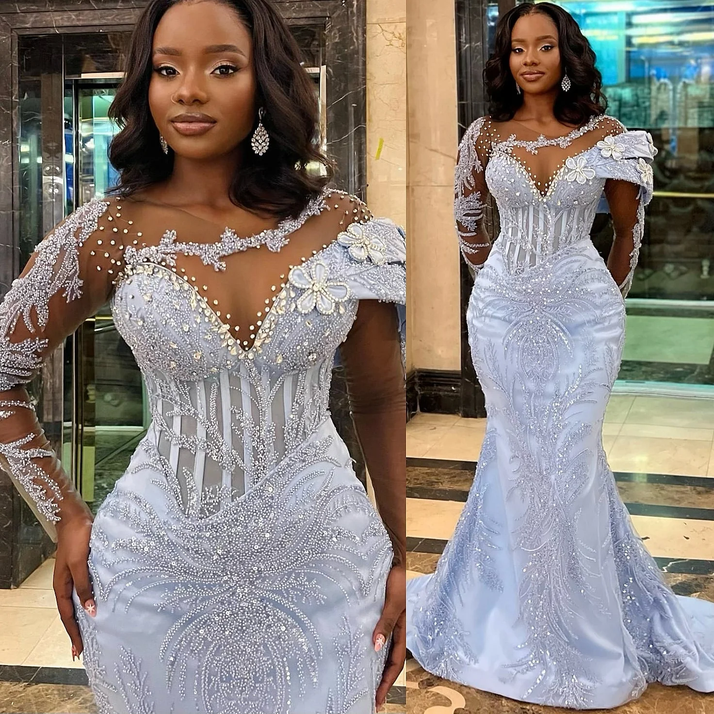 Customized 2025 Light Sky Blue Mermaid Prom Dresses Sequined Crystals Beaded Evening Formal Party Birthday Gowns Dresses ZJ186
Customized 2025 Light Sky Blue Mermaid Prom Dresses Sequined Crystals Beaded Evening Formal Party Birthday Gowns Dresses ZJ186