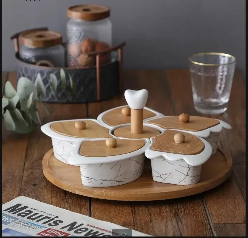 Ceramic Snack Platter with Wooden Lid Rotatable 5 Grids Snack Bowl Wooden Pallets Dessert Fruit Plate Decorative Plate Tableware
Ceramic Snack Platter with Wooden Lid Rotatable 5 Grids Snack Bowl Wooden Pallets Dessert Fruit Plate Decorative Plate Tableware