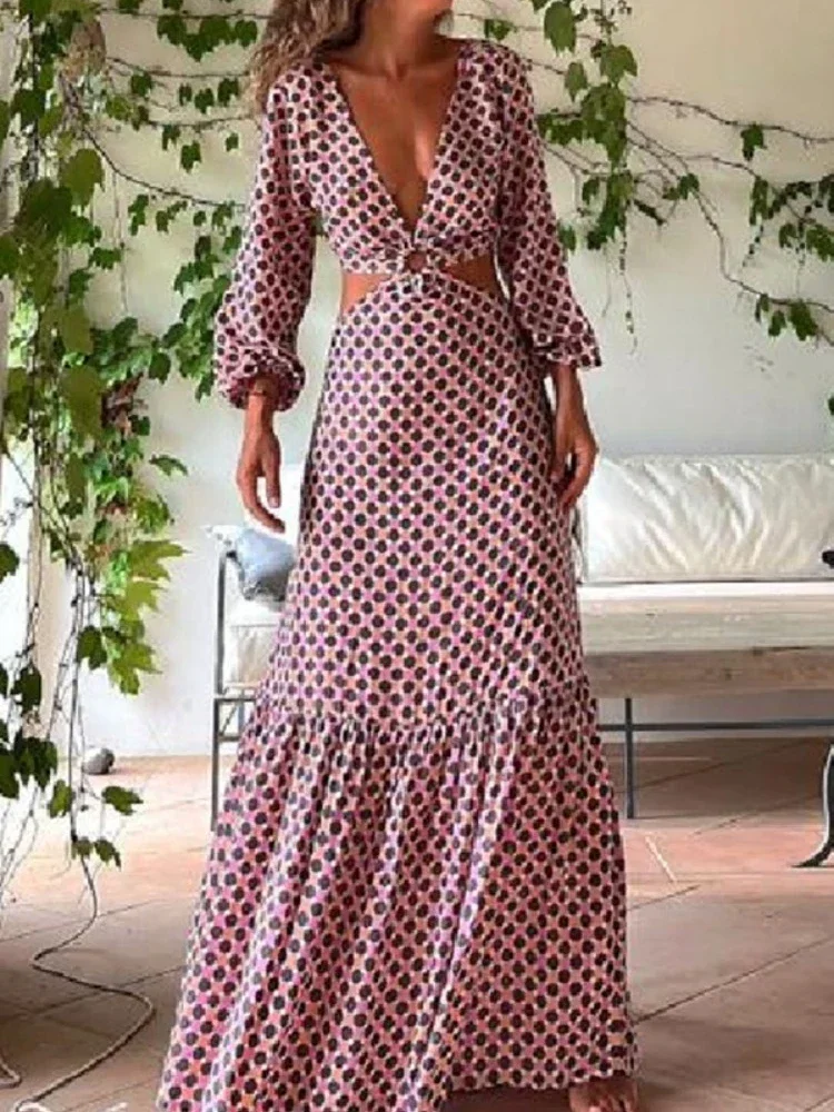 Women's Streetwear Black Dress Polka Dot V-neck Long Sleeved Strap Backless Design Pink Lantern Cuffs Sexy Waist Fashionable
Women's Streetwear Black Dress Polka Dot V-neck Long Sleeved Strap Backless Design Pink Lantern Cuffs Sexy Waist Fashionable