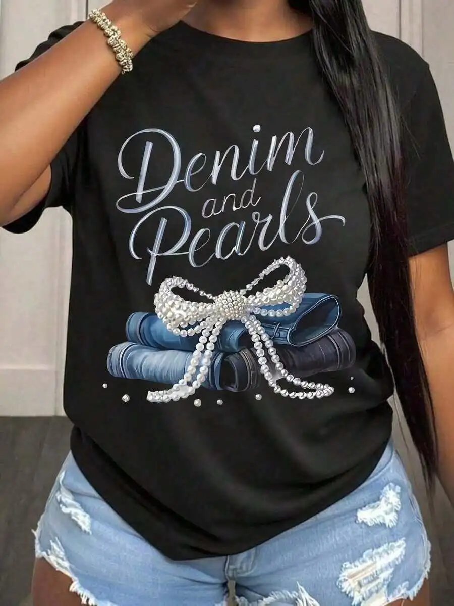 Womens Denim And Pearls Bow Print T-Shirt Casual Summer Top
Womens Denim And Pearls Bow Print T-Shirt Casual Summer Top