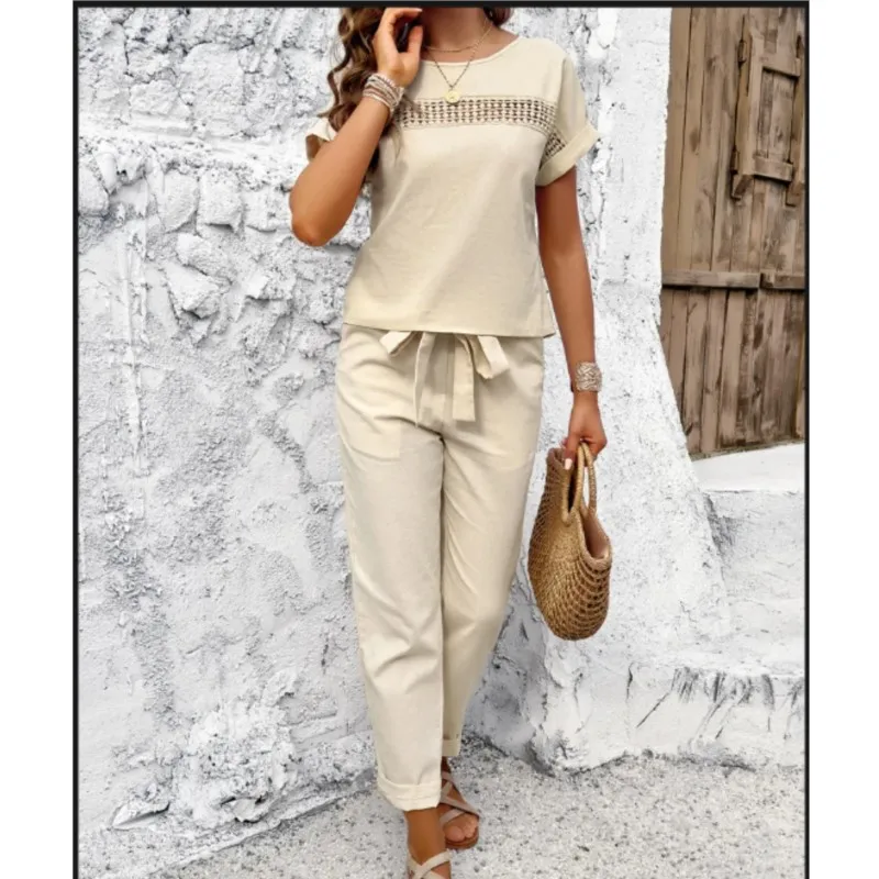 Women's Two-piece Set Summer Solid Short Sleeve O Neck Hollow Out Top Lace-up Waist Pants Casual Suit Office Lady 2 Piece Sets
Women's Two-piece Set Summer Solid Short Sleeve O Neck Hollow Out Top Lace-up Waist Pants Casual Suit Office Lady 2 Piece Sets