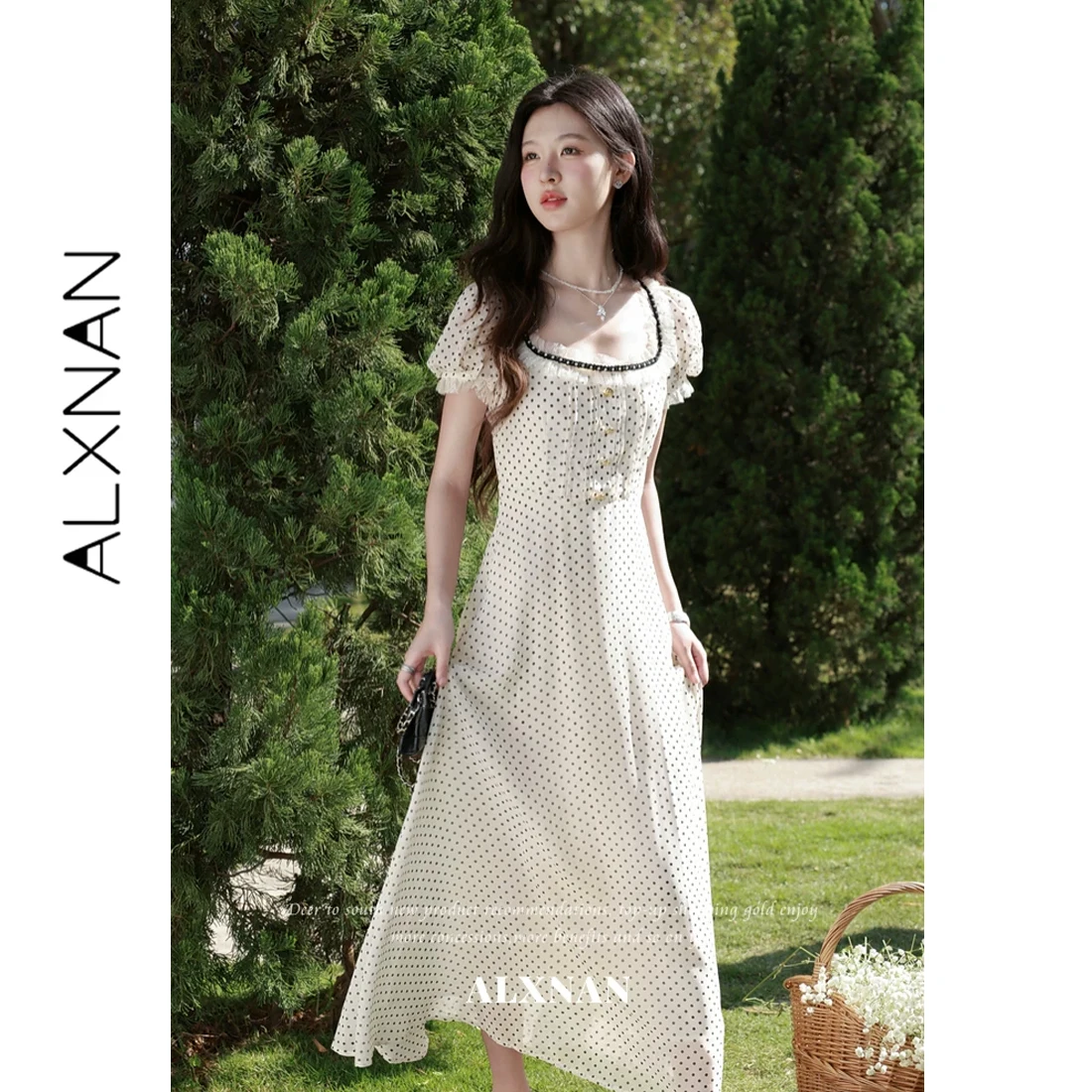 ALXNAN Polka Dot Dress Elegant Square Neck Lace Trim Metal Buttons Puff Sleeve Long Dress Summer Holiday Casual Dresses L63702
ALXNAN Polka Dot Dress Elegant Square Neck Lace Trim Metal Buttons Puff Sleeve Long Dress Summer Holiday Casual Dresses L63702