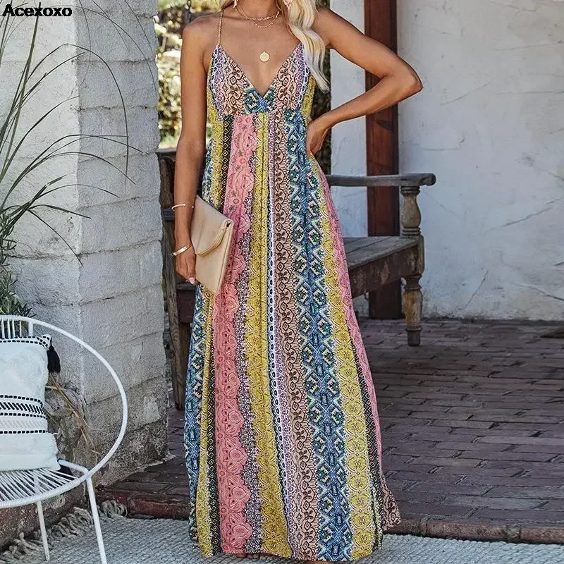 2023 summer new women's fashion casual V-neck sexy halter color striped print skirt dress
2023 summer new women's fashion casual V-neck sexy halter color striped print skirt dress