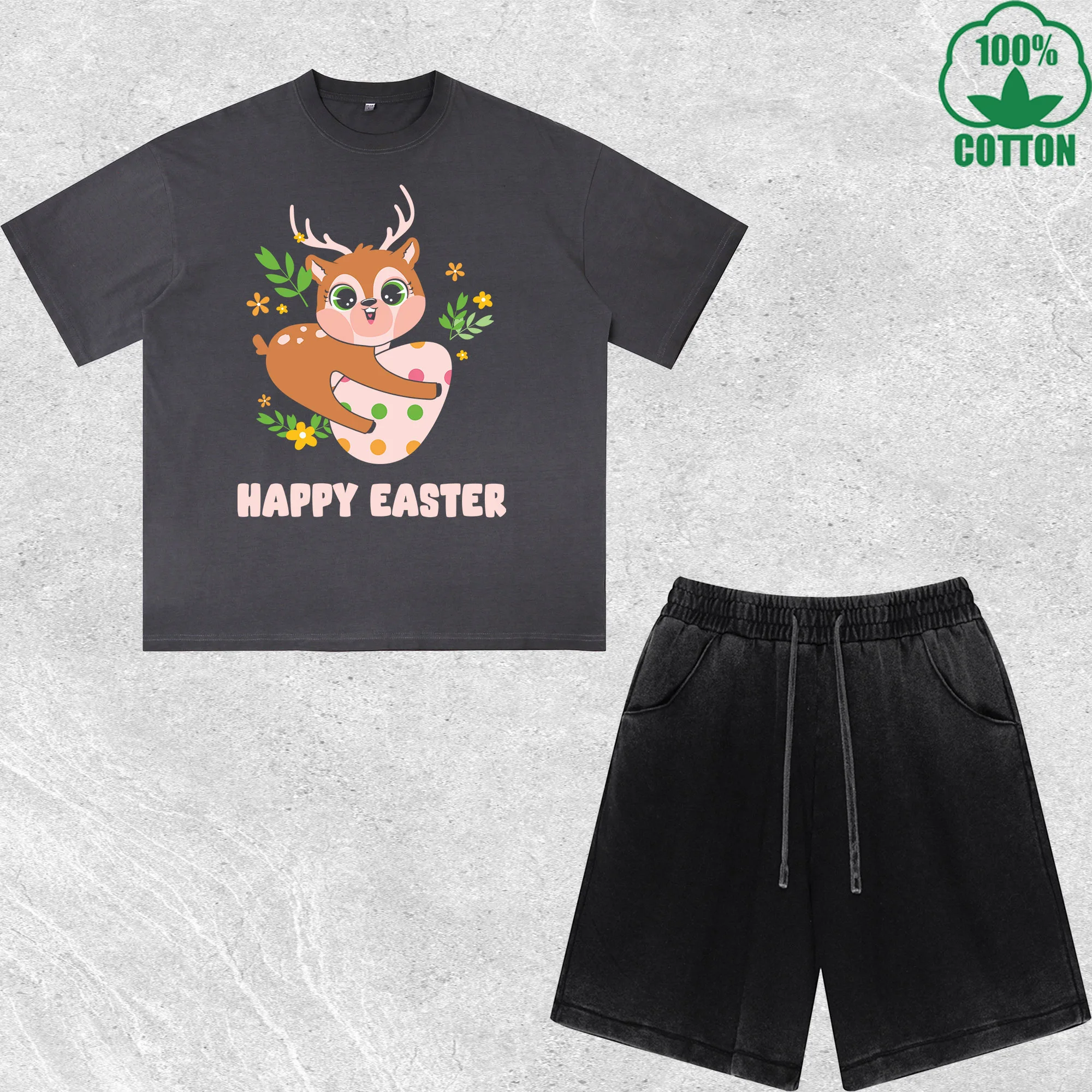 Chibi Easter Cute Fawn Printed Dirty Wash T-Shirt Shorts Set Multicolor Combo Loose Trendy Fashionable 100%Cotton
Chibi Easter Cute Fawn Printed Dirty Wash T-Shirt Shorts Set Multicolor Combo Loose Trendy Fashionable 100%Cotton