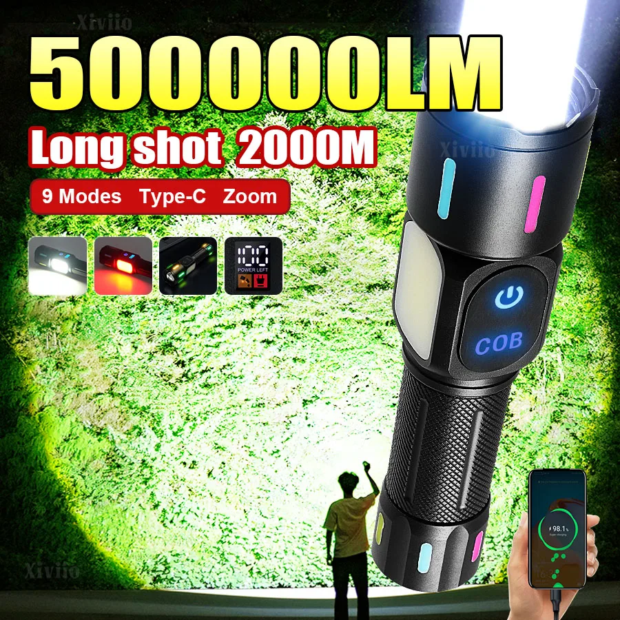 500000LM 5000mAh LED Flashlight Ultra-Bright Torch Rechargeable Powerful Flash Light Zoomable Tactical Lantern With Side Light
500000LM 5000mAh LED Flashlight Ultra-Bright Torch Rechargeable Powerful Flash Light Zoomable Tactical Lantern With Side Light