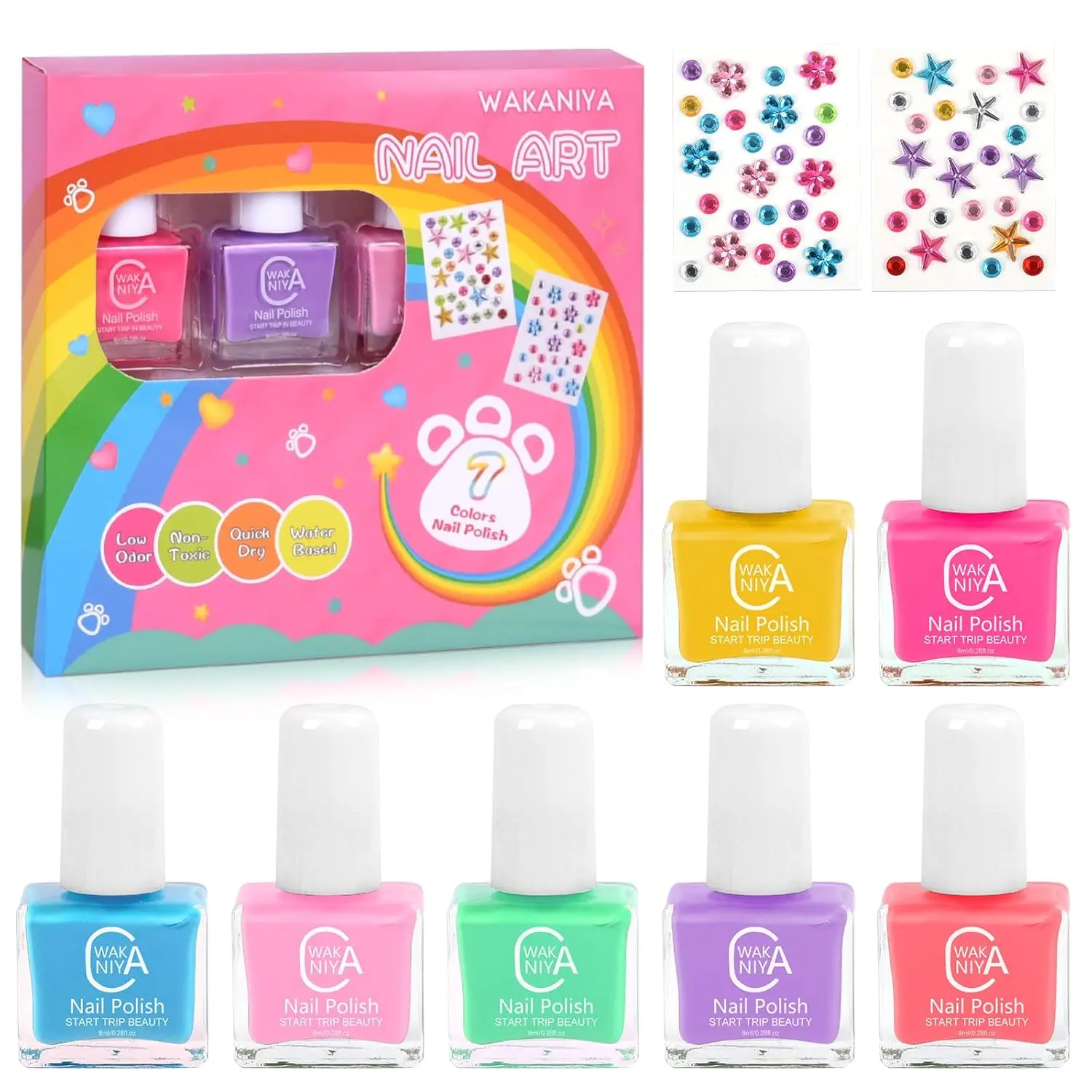 Kids Non Toxic Nail Polish Set with Gems Stickers, 7 Color Peel-Off Low Odor for Toddler
Kids Non Toxic Nail Polish Set with Gems Stickers, 7 Color Peel-Off Low Odor for Toddler