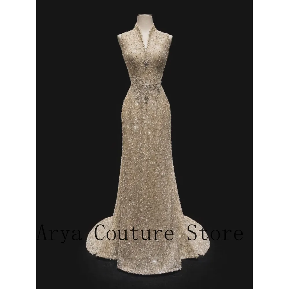 Customized Champagne High Neck Sleeveless Sequin Beaded Mermaid Evening Dress Women Luxury Formal Prom Wedding Gown Plus Size
Customized Champagne High Neck Sleeveless Sequin Beaded Mermaid Evening Dress Women Luxury Formal Prom Wedding Gown Plus Size