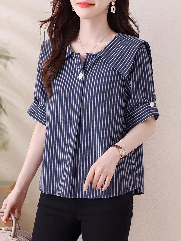 Naval Collar Striped Shirt Women's Short Sleeve Loose Doll Shirt Top Elegant Small Shirt Large Size Breathable Skin-Friendly
Naval Collar Striped Shirt Women's Short Sleeve Loose Doll Shirt Top Elegant Small Shirt Large Size Breathable Skin-Friendly
