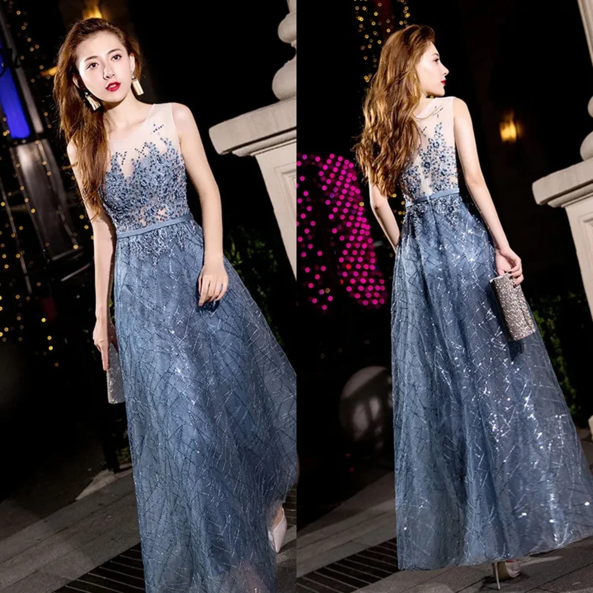 Evening Dress Haze Blue Beads Sequins O-neck Sleeveless Zipper Back A-line Floor length Pluse size Women Party Formal Gowns E060
Evening Dress Haze Blue Beads Sequins O-neck Sleeveless Zipper Back A-line Floor length Pluse size Women Party Formal Gowns E060