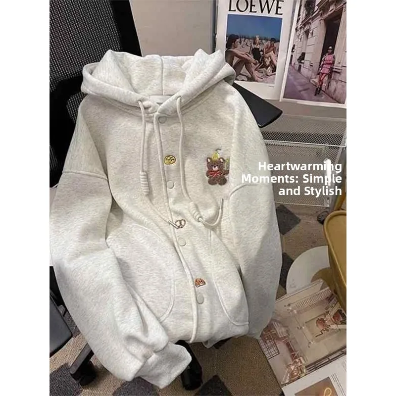 Korean Style Grey Cute Bear Embroidered Fleece Lined Loose Women's Hoodie Cardigan Winter Trendy Outerwear Casual Comfortable
Korean Style Grey Cute Bear Embroidered Fleece Lined Loose Women's Hoodie Cardigan Winter Trendy Outerwear Casual Comfortable