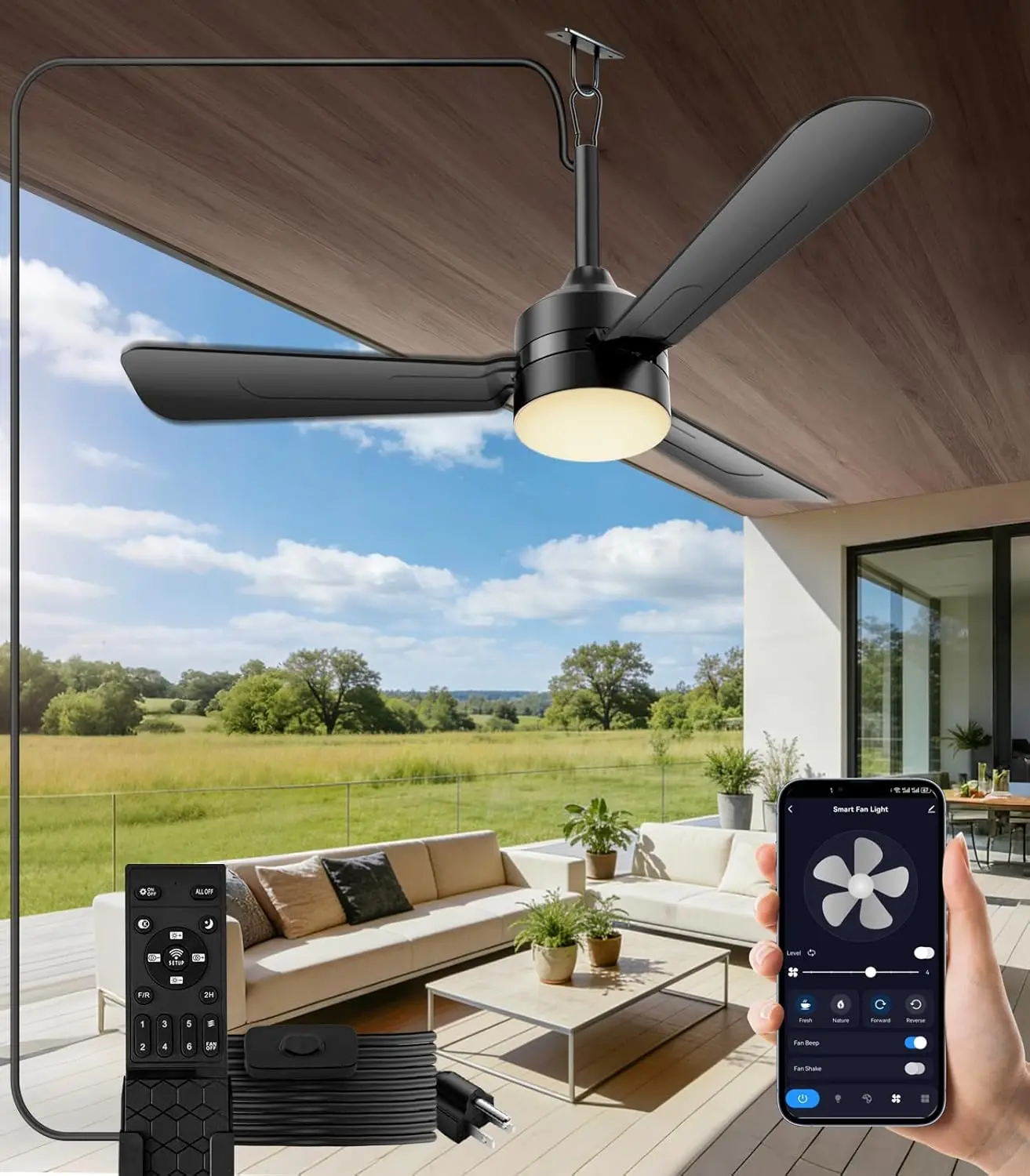 36 inch Plug-in Ceiling Fan Light with Remote Control, 3 Blade, Dimmable 3CCT LED, Reversible Motor, Portable Hook Design for
36 inch Plug-in Ceiling Fan Light with Remote Control, 3 Blade, Dimmable 3CCT LED, Reversible Motor, Portable Hook Design for