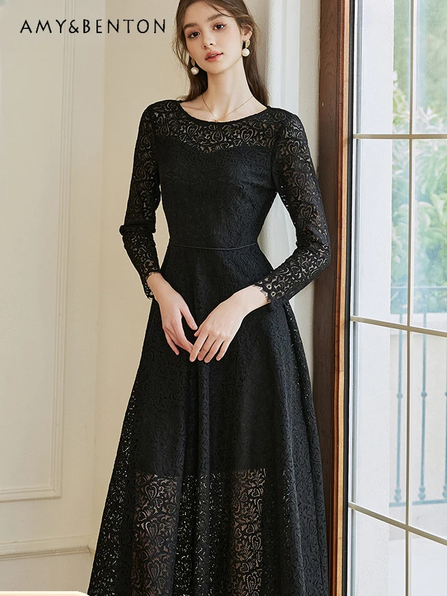 High-End Elegant Graceful Evening Dress Fashion Lace Stitching Midi Dress 2024 Spring New Exquisite Slim Large Swing Black Dress
High-End Elegant Graceful Evening Dress Fashion Lace Stitching Midi Dress 2024 Spring New Exquisite Slim Large Swing Black Dress