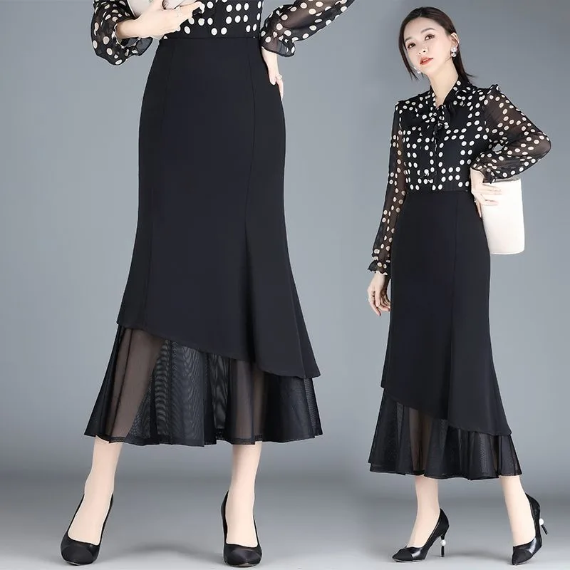 Новая черная юбка-русалка, женская мода, элегантная сетка с высокой талией в стиле пэчворк, трапециевидной формы с запахом на бедрах, тонкие офисные женские юбки Jupe 
Новая черная юбка-русалка, женская мода, элегантная сетка с высокой талией в стиле пэчворк, трапециевидной формы с запахом на бедрах, тонкие офисные женские юбки Jupe