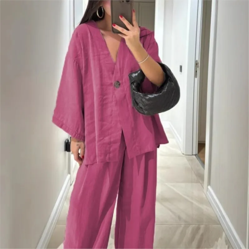 2025 New Fashion Loose Solid 2 Piece Set Casual V Neck Long Sleeve Button Top+Wide Leg Pants Trousers Suits Office Lady Outfits
2025 New Fashion Loose Solid 2 Piece Set Casual V Neck Long Sleeve Button Top+Wide Leg Pants Trousers Suits Office Lady Outfits