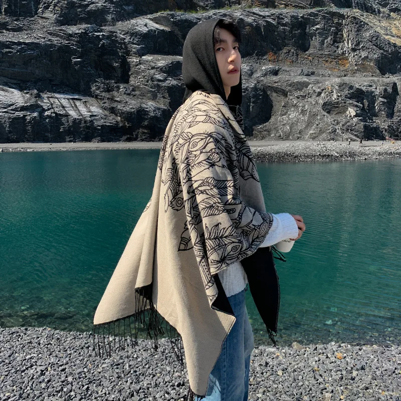 Autumn and winter men's cloak travel imitation cashmere hooded cloak warm double-sided ethnic shawl cloak scarf trend P1 
Autumn and winter men's cloak travel imitation cashmere hooded cloak warm double-sided ethnic shawl cloak scarf trend P1