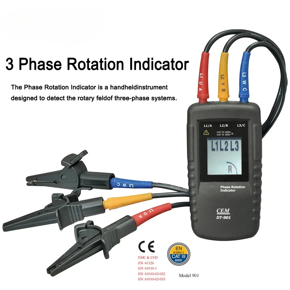 Handheld 3-Phase Rotation Indicator Meter, AC Phase Sequence Indicator 40V-690V AC with LCD Display
Handheld 3-Phase Rotation Indicator Meter, AC Phase Sequence Indicator 40V-690V AC with LCD Display