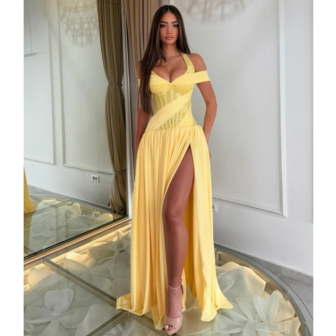 Side Slit Evening Dresses Halter Neck Lace Bodice Prom Dress Pleated Party Gown Gala Vestidos Customized
Side Slit Evening Dresses Halter Neck Lace Bodice Prom Dress Pleated Party Gown Gala Vestidos Customized