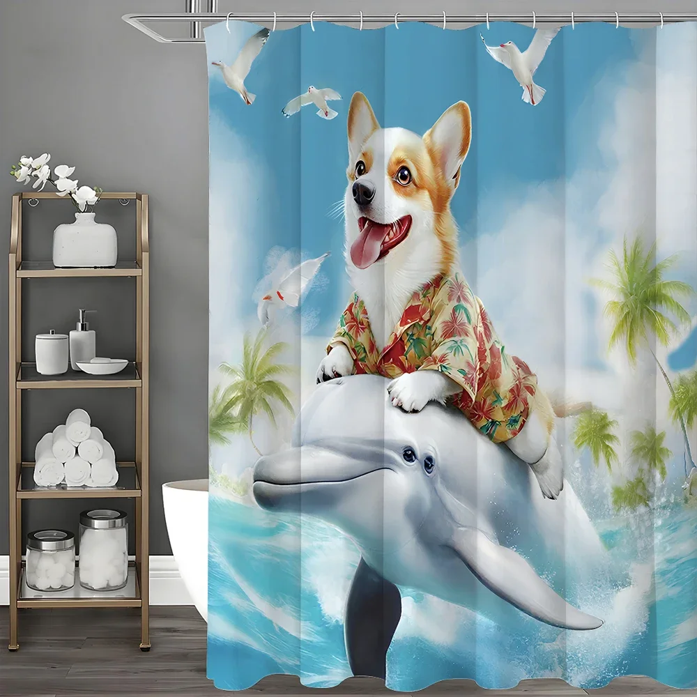 Riding Dolphin Corgi Ocean Coconut Tree Shower Curtain, Bathroom Decorative Shower Curtain, Waterproof Shower Curtain with Hoo
Riding Dolphin Corgi Ocean Coconut Tree Shower Curtain, Bathroom Decorative Shower Curtain, Waterproof Shower Curtain with Hoo