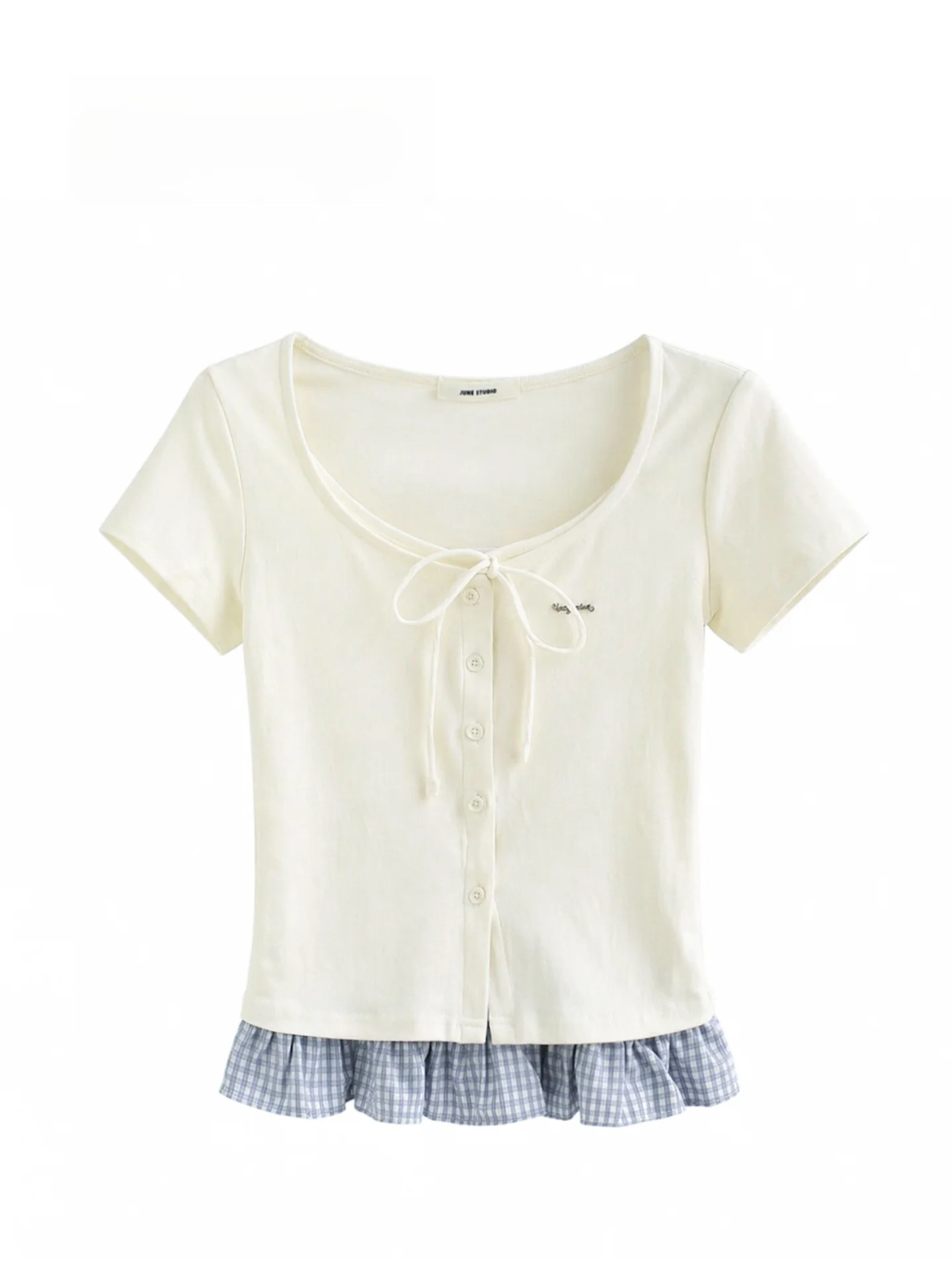 Summer New Style Korean College Wind Plaid Metal Tag Series Rope U-neck Short Sleeve T-shirt Top Wild Forest Ladies Fashion
Summer New Style Korean College Wind Plaid Metal Tag Series Rope U-neck Short Sleeve T-shirt Top Wild Forest Ladies Fashion