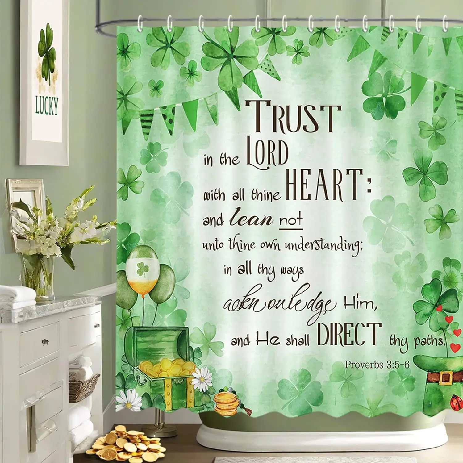 St Patricks Day Shamrock Shower Curtain Green Clover Bible Verse Print for Bathroom
St Patricks Day Shamrock Shower Curtain Green Clover Bible Verse Print for Bathroom