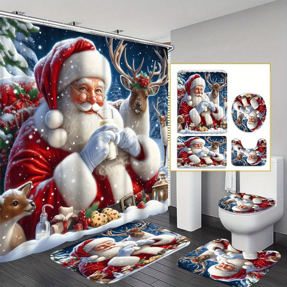 4-Piece Christmas Shower Curtain Set, Christmas Decoration, Santa Claus, Christmas Elk, Pine Tree Waterproof Bathroom
4-Piece Christmas Shower Curtain Set, Christmas Decoration, Santa Claus, Christmas Elk, Pine Tree Waterproof Bathroom