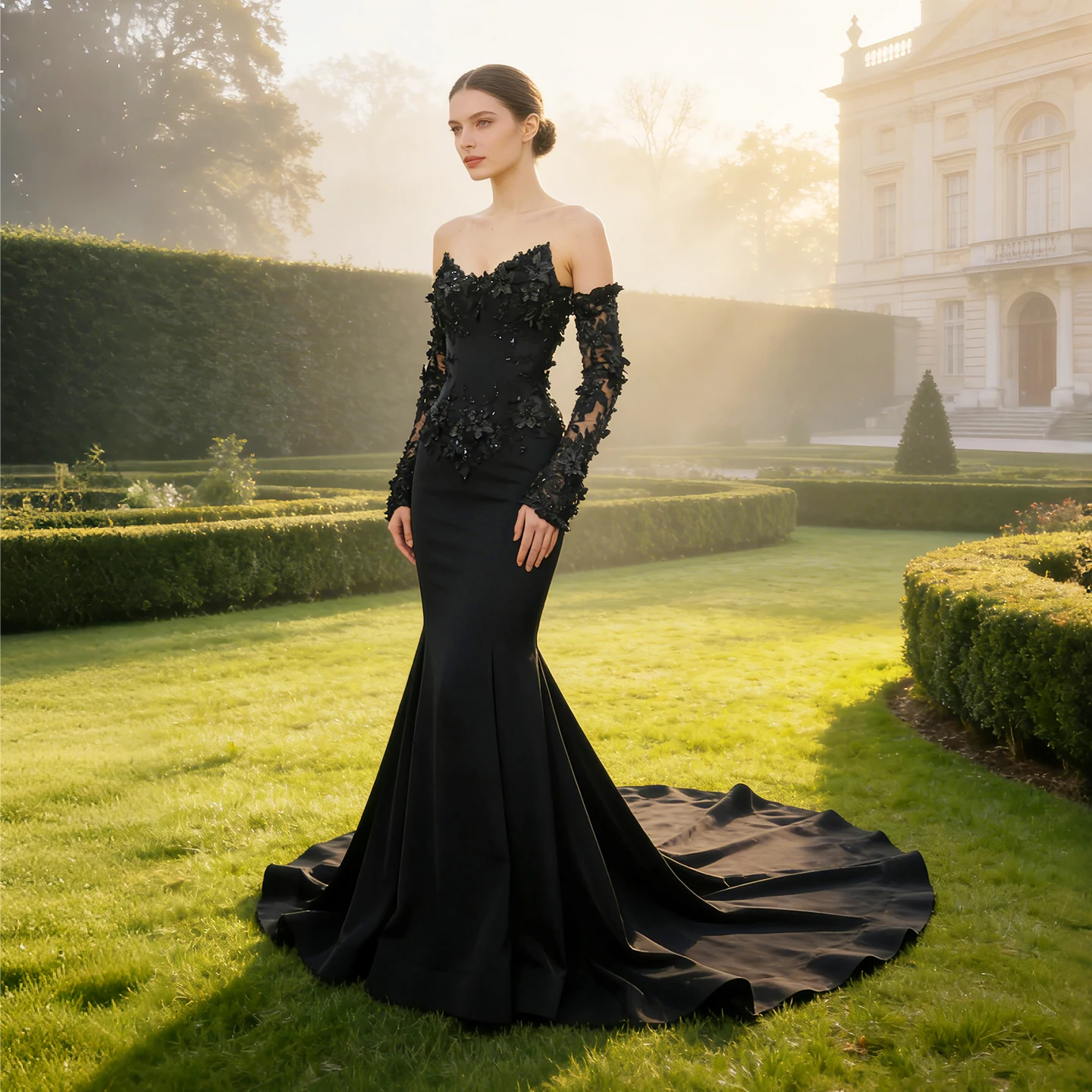 Sheer Fairy Women' s Elegant Black Satin Wedding Gowns Mermaid Sequined 3D Floral Bridal Dresses Pearls Beaded SW553 Customized
Sheer Fairy Women' s Elegant Black Satin Wedding Gowns Mermaid Sequined 3D Floral Bridal Dresses Pearls Beaded SW553 Customized
