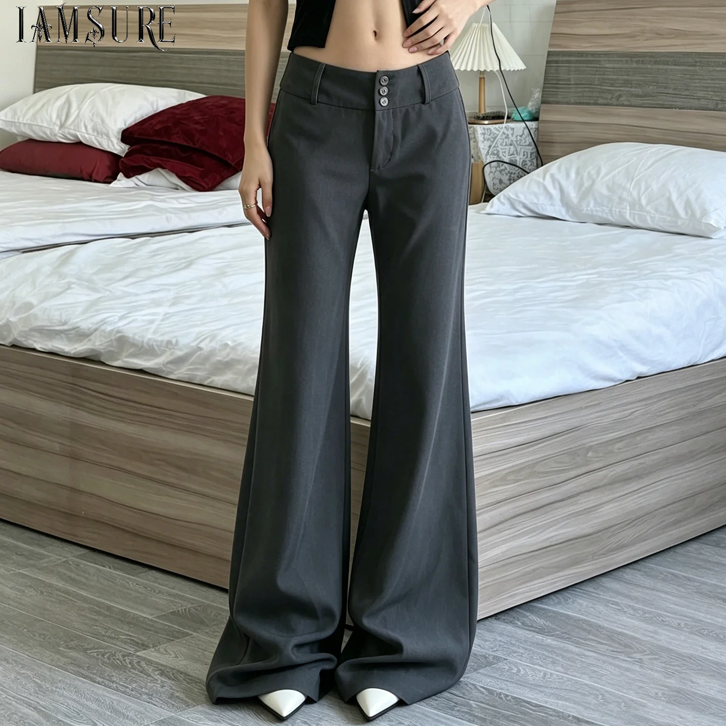 Women’s Low-Waist Wide Leg Grey Pants Elegant Office Trousers with Button Closure Long Flared Business Casual Pants for Ladies
Women’s Low-Waist Wide Leg Grey Pants Elegant Office Trousers with Button Closure Long Flared Business Casual Pants for Ladies