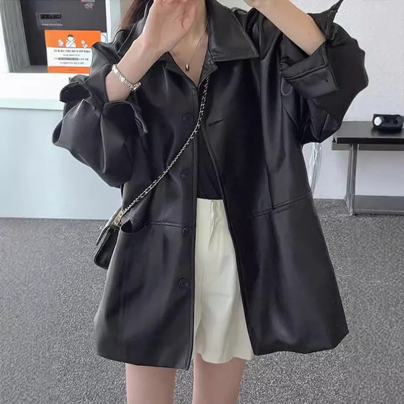 Korean style temperament trend lapel motorcycle women's autumn New loose all-match leather cardigan top
Korean style temperament trend lapel motorcycle women's autumn New loose all-match leather cardigan top