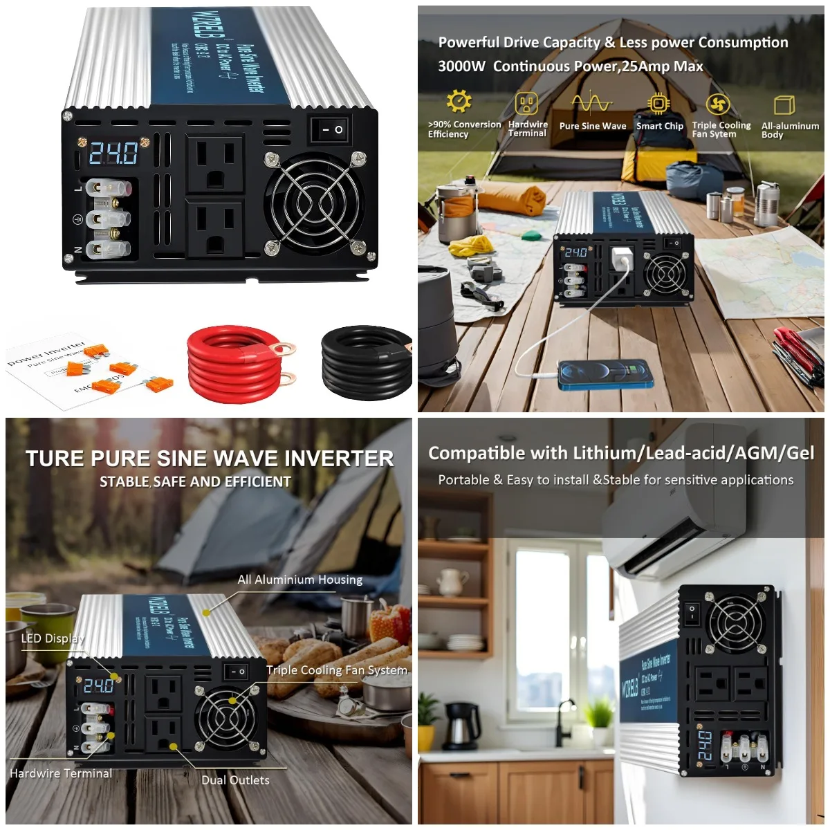 3000W Pure Sine Wave Inverter 24V to 110V/120V AC Converter with LED Display, Dual Outlets for Home, RV, Camping
3000W Pure Sine Wave Inverter 24V to 110V/120V AC Converter with LED Display, Dual Outlets for Home, RV, Camping