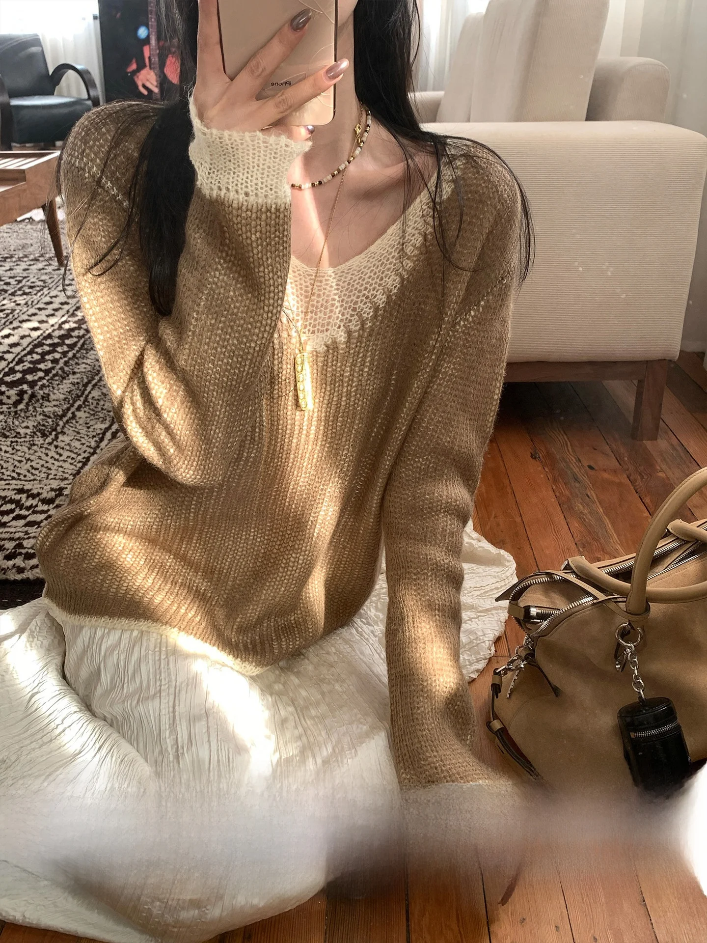 Caramel Color Blo Woolen Knitted Sweater V-Ne Hollow out Design Artistic Contrast Color Hanging Artwork Commute Sle Loo...
Caramel Color Blo Woolen Knitted Sweater V-Ne Hollow out Design Artistic Contrast Color Hanging Artwork Commute Sle Loo...