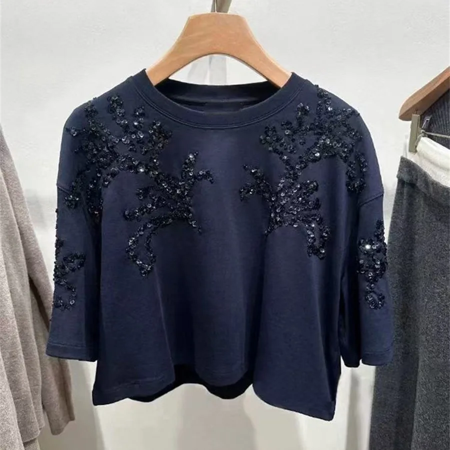 Handmade Beaded Shiny Short Casual Top Spring Summer 2025 New Style Women's T-shirt Commute Style Loose Fit Pure Color Cotton
Handmade Beaded Shiny Short Casual Top Spring Summer 2025 New Style Women's T-shirt Commute Style Loose Fit Pure Color Cotton
