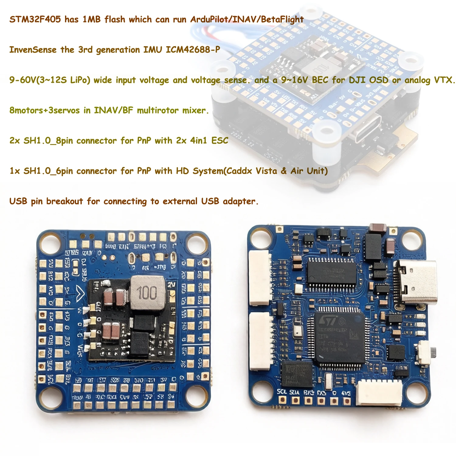 YSIDO F405-HDTE F4 Flight Controller STM32F405 Built-in Dual BEC OSD Blackbox 3~12S Support DJI HD VTX for FPV Long Range Drone
YSIDO F405-HDTE F4 Flight Controller STM32F405 Built-in Dual BEC OSD Blackbox 3~12S Support DJI HD VTX for FPV Long Range Drone