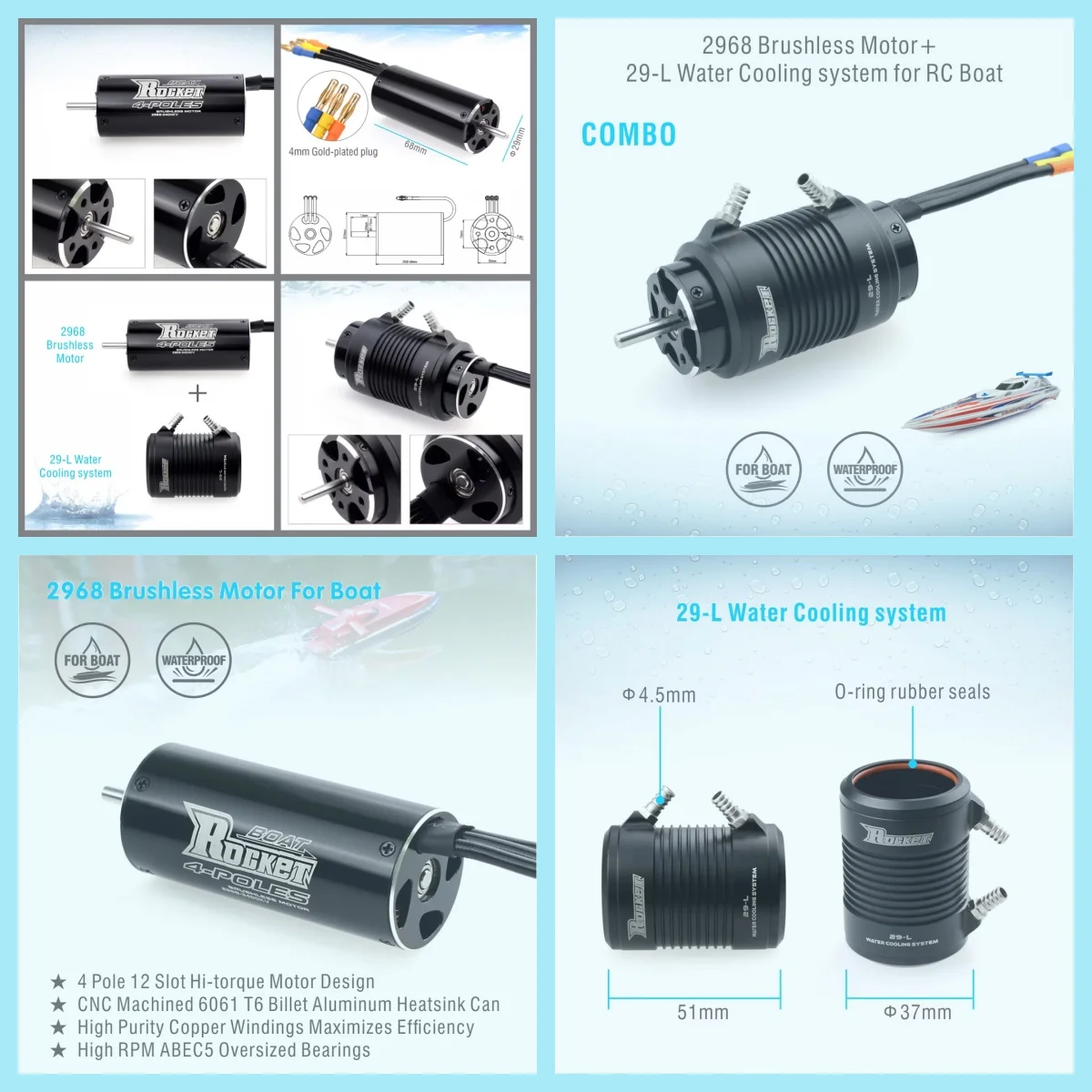 Surpass Hobby Rocket 2968 3800/3400/4000KV Waterproof Brushless Motor 29-L Water Cooling Jacket for RC Boat Feilun Traxxas Model
Surpass Hobby Rocket 2968 3800/3400/4000KV Waterproof Brushless Motor 29-L Water Cooling Jacket for RC Boat Feilun Traxxas Model