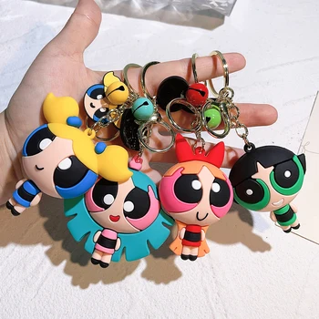 Powerpuff Girls 남녀공용 크리에이티브 키체인, 만화 귀여운 실리콘 인형 펜던트 키링, 선물 키 거치대