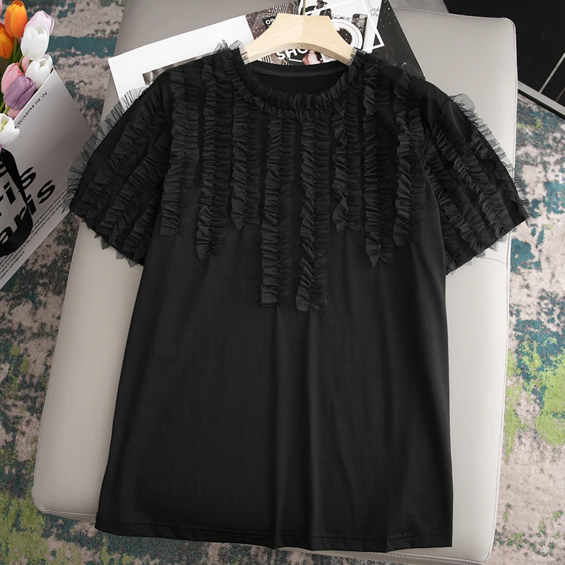Ele Heavy Embroidery Bla ort Sve T-irt Faionable Ruffle Hem Top Cotton Blend Comfortable Summer Wear
Ele Heavy Embroidery Bla ort Sve T-irt Faionable Ruffle Hem Top Cotton Blend Comfortable Summer Wear