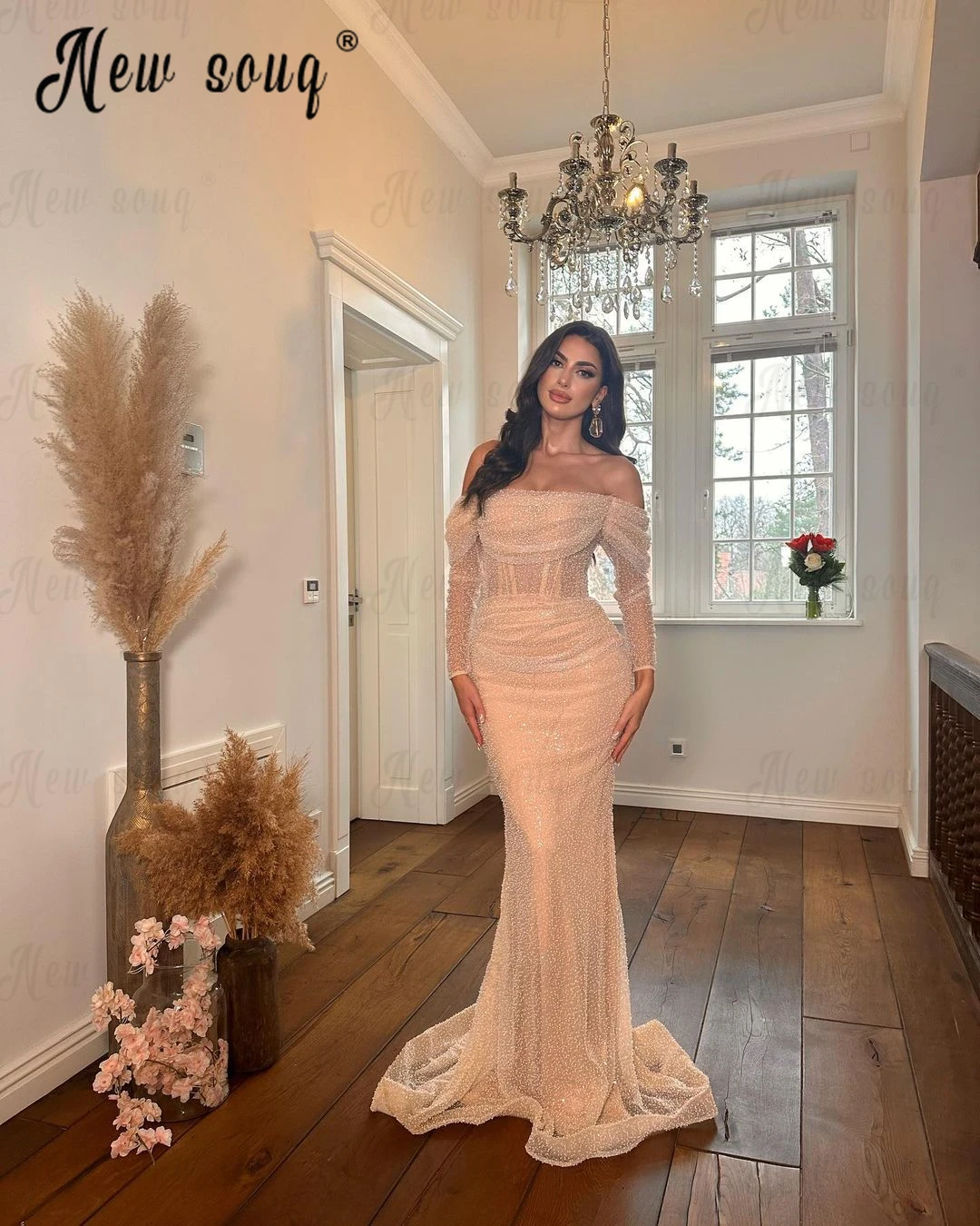 Modern Off Shoulder Long Sleeve Party Dress Luxury Champagne Beaded Mermaid Long Evening Dresses Arabic Prom Dresses for Wedding
Modern Off Shoulder Long Sleeve Party Dress Luxury Champagne Beaded Mermaid Long Evening Dresses Arabic Prom Dresses for Wedding