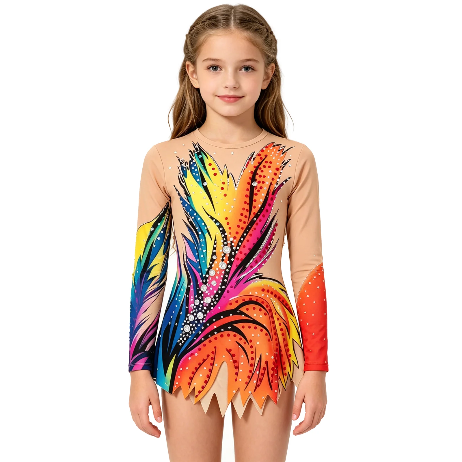 Girls Rhythmic Gymnastics Leotard Long Sleeve Colorful Feather Print Rhinestone Competition Performance Figure Skating Dress Kid
Girls Rhythmic Gymnastics Leotard Long Sleeve Colorful Feather Print Rhinestone Competition Performance Figure Skating Dress Kid
