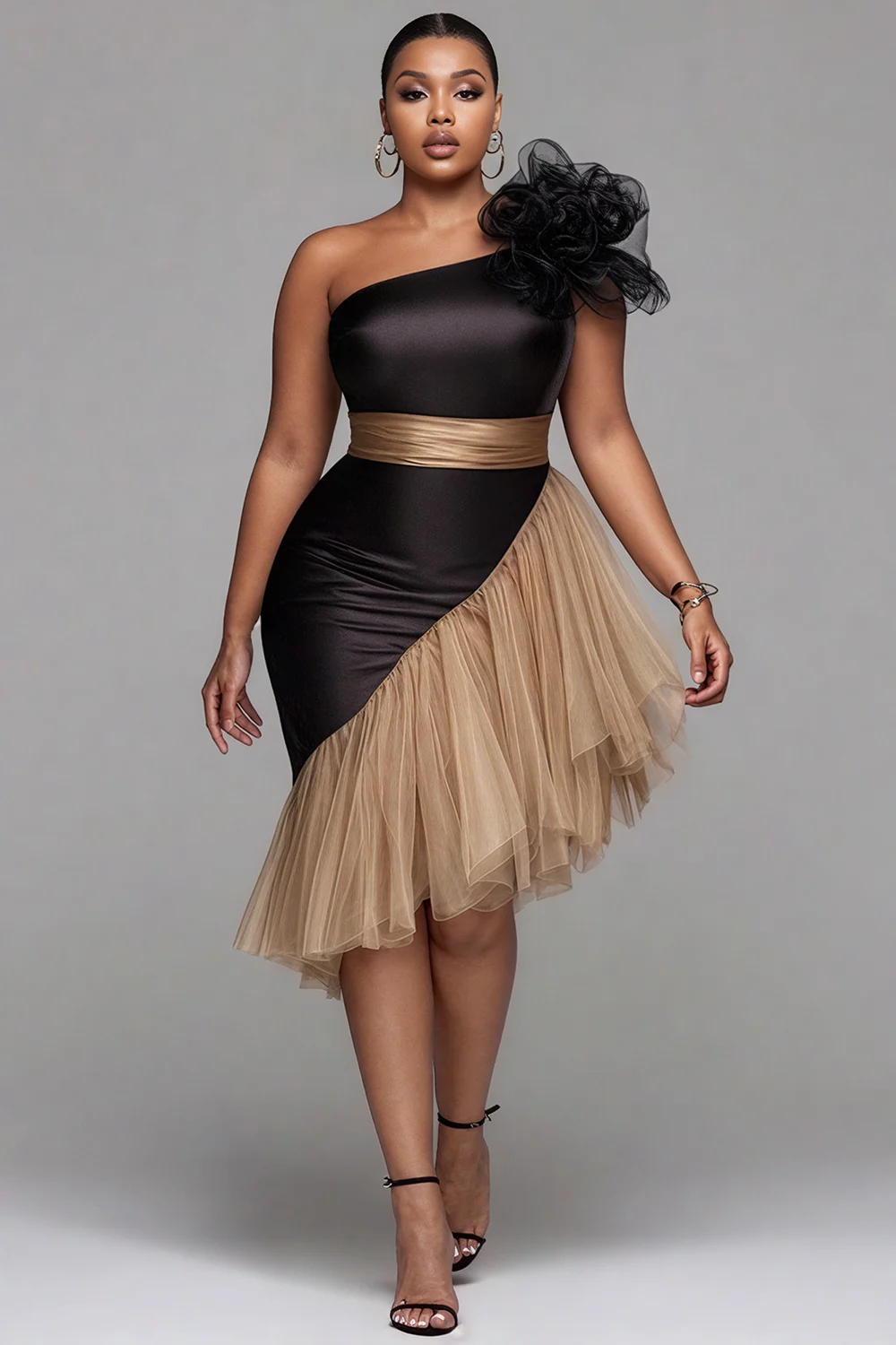 Plus Size Cocktail Party Tulle Black One Shoulder Contrast Elegant 3D Satin Midi Dresses
Plus Size Cocktail Party Tulle Black One Shoulder Contrast Elegant 3D Satin Midi Dresses
