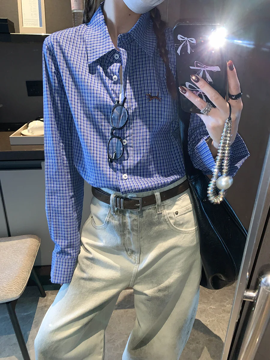 Весенняя рубашка с вышивкой собаки, свободная и повседневная синяя клетчатая рубашка.
Весенняя рубашка с вышивкой собаки, свободная и повседневная синяя клетчатая рубашка.