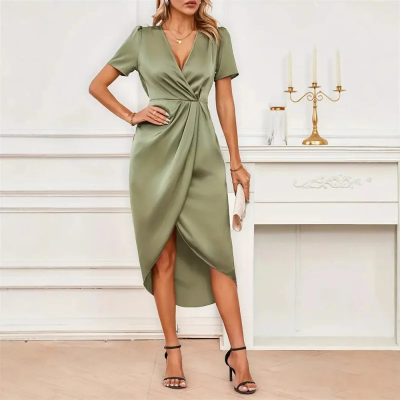 Women'S Satin Short Sleeved Wrapped Cross Neck Dress With Spring And Summer Design Sense, Long Irregular Skirt
Women'S Satin Short Sleeved Wrapped Cross Neck Dress With Spring And Summer Design Sense, Long Irregular Skirt