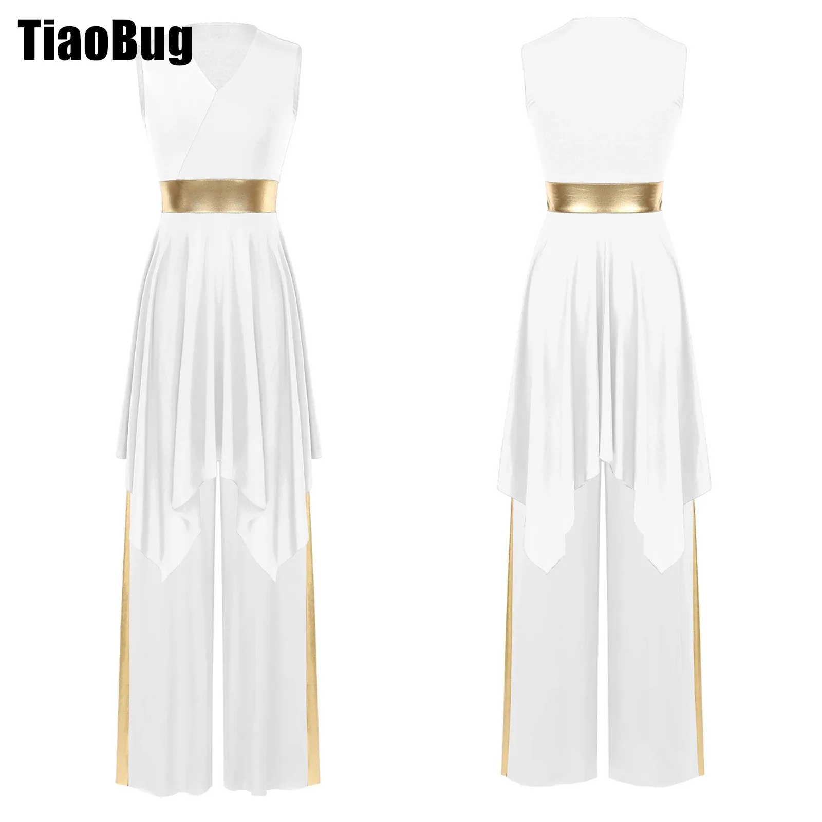 Women Liturgical V Neck Dance Outfit Color Block Patchwork Sleeveless Irregular Hem Dress with Wide-Leg Pants
Women Liturgical V Neck Dance Outfit Color Block Patchwork Sleeveless Irregular Hem Dress with Wide-Leg Pants