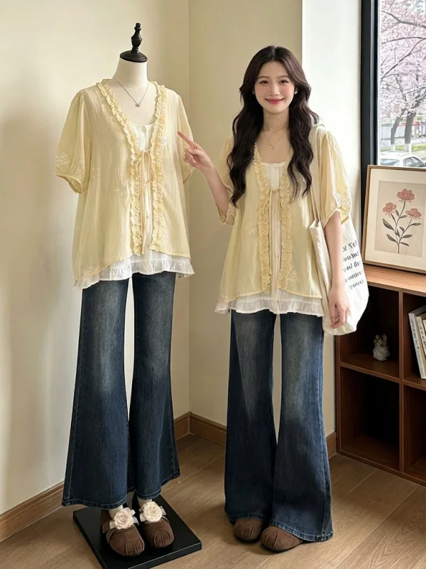 Yellow Wood Grain Shoulder Short Sleeve Shirt Women's Korean Style Doll Shirt Fake Two-Piece Top Summer New Arrival
Yellow Wood Grain Shoulder Short Sleeve Shirt Women's Korean Style Doll Shirt Fake Two-Piece Top Summer New Arrival