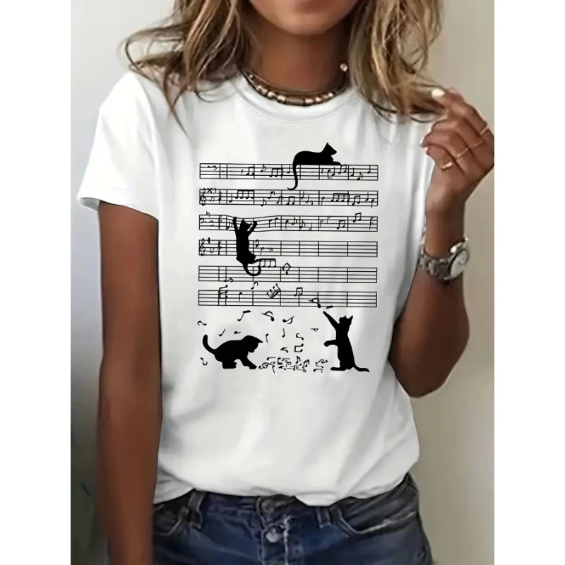 Women Summer Cat & Sheet Music Print Women's Clothing Cotton Comfortable T-Shirt Casual Short Sleeve Top for Spring & Summer
Women Summer Cat & Sheet Music Print Women's Clothing Cotton Comfortable T-Shirt Casual Short Sleeve Top for Spring & Summer