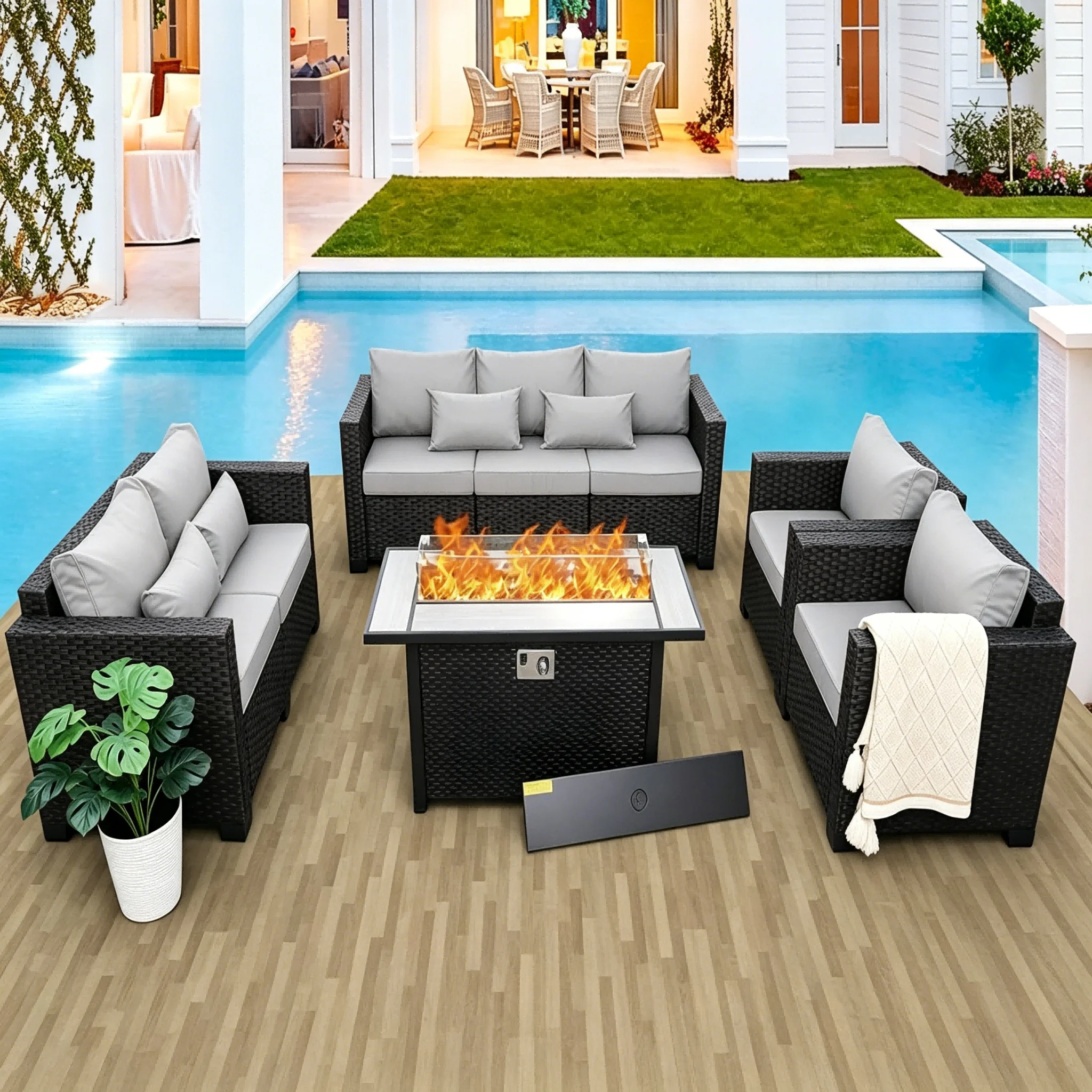 Rattaner Outdoor Furniture Set 6Pcs Patio Chairs Table\Propane Fire Pit Table Non Slip Cushions with Protective Waterproof Cover
Rattaner Outdoor Furniture Set 6Pcs Patio Chairs Table\Propane Fire Pit Table Non Slip Cushions with Protective Waterproof Cover