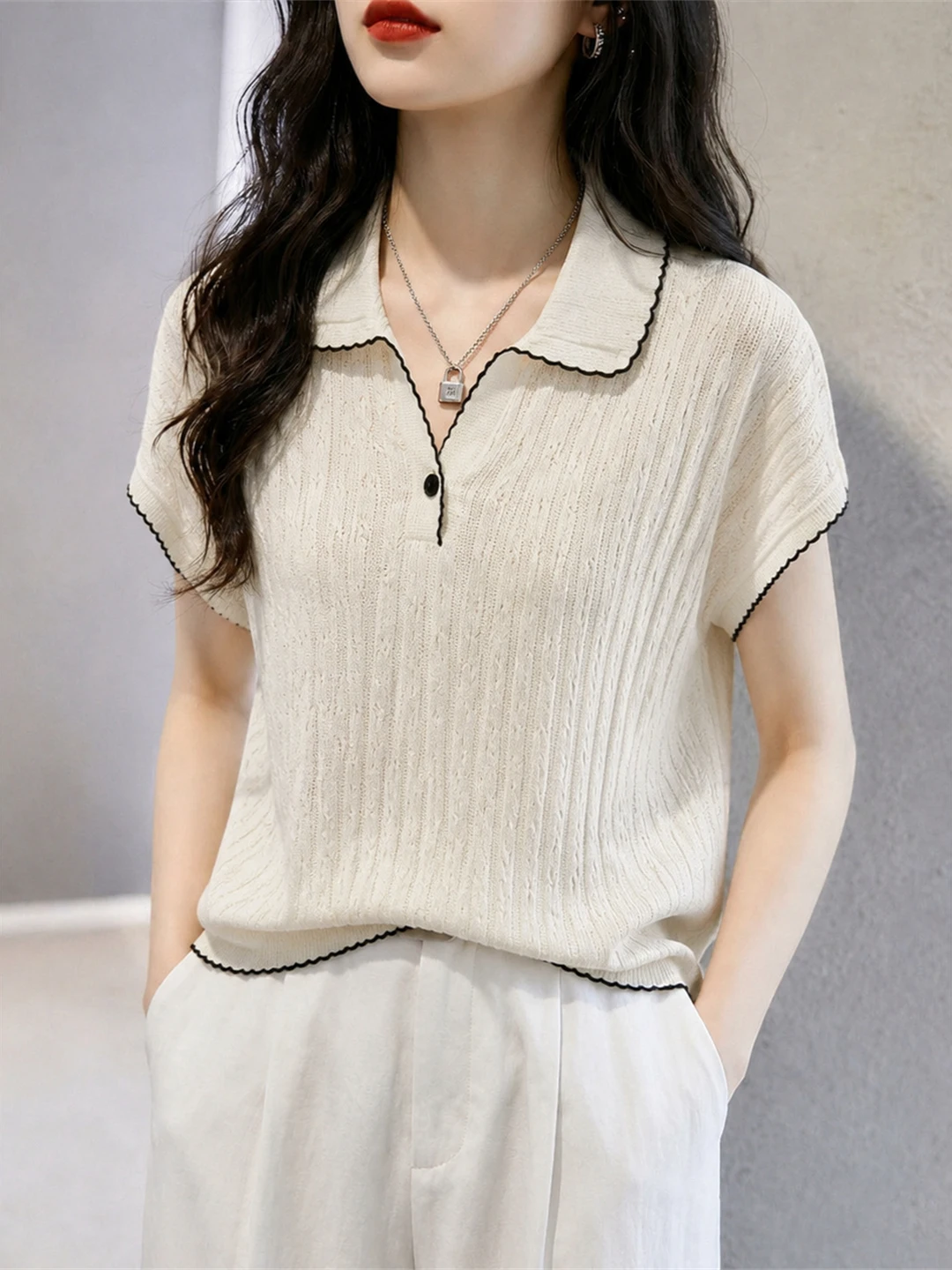 Collar Color Block Short Sleeve Knitwear Commute Top Slimming Comfortable Women's Fashion Summer Anti-Aging Shirt
Collar Color Block Short Sleeve Knitwear Commute Top Slimming Comfortable Women's Fashion Summer Anti-Aging Shirt